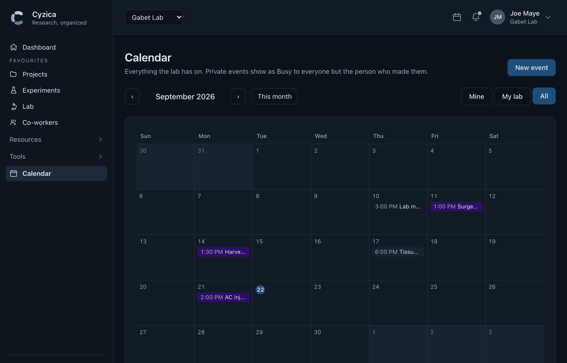 One shared calendar: the lab's events and its project milestones