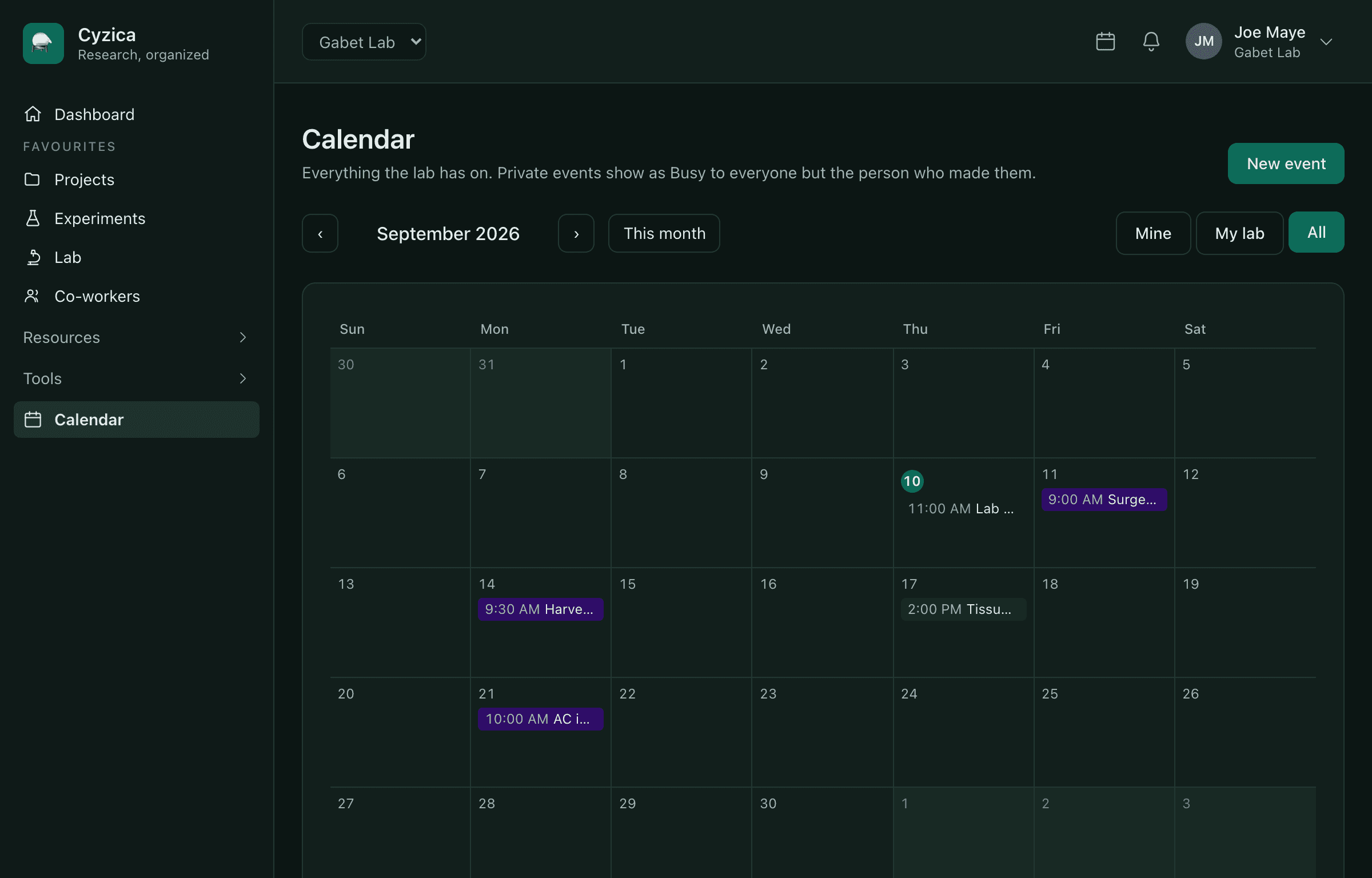 One shared calendar: the lab's events and its project milestones