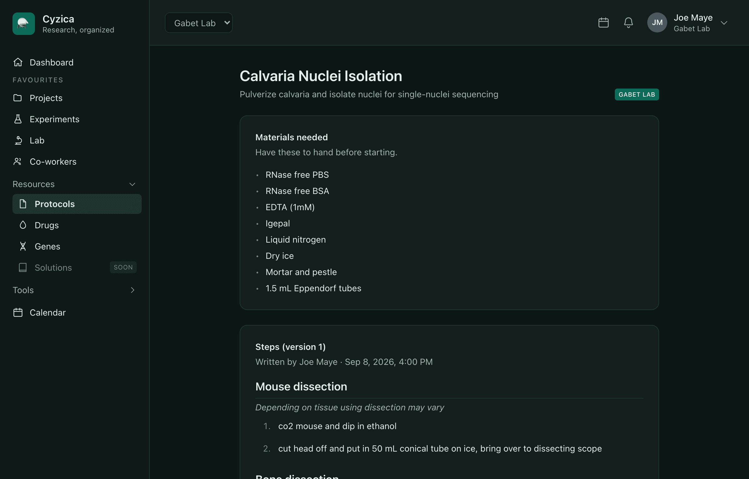 A protocol with its materials, sections and version history