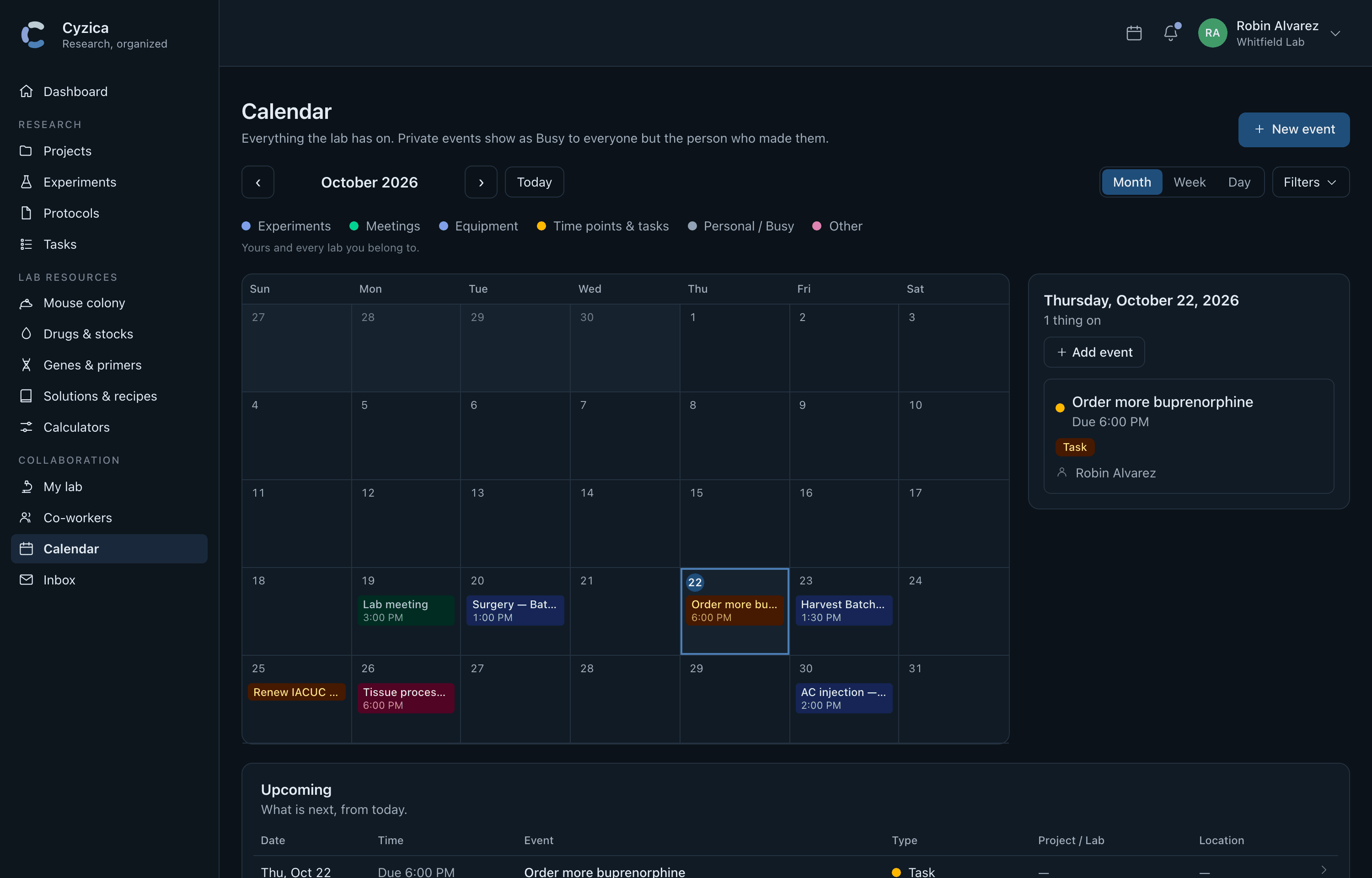 One shared calendar: the lab's events and its project milestones